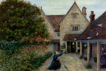 Marie Spartali Stillman : Feeding The Doves At Kelmscott Manor